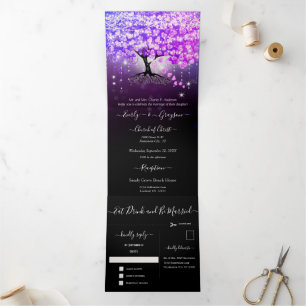 All In One Elegant Purple Pink Heart Leaf Wedding Tri-Fold Invitation