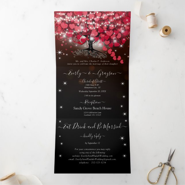 All In One Elegant Red & Pink Heart Leaf Wedding T Tri-Fold Invitation (Inside)