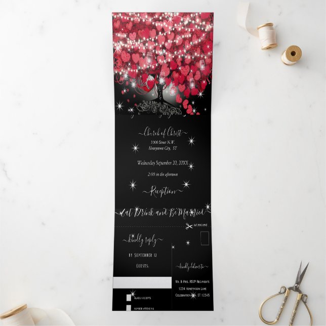 All In One Elegant Red & Pink Heart Leaf Wedding  Tri-Fold Invitation (Inside)