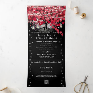 All In One Elegant Red & Pink Heart Leaf Wedding Tri-Fold Invitation