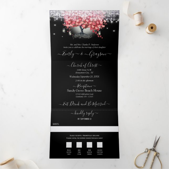 All In One Elegant Red & Pink Heart Leaf Wedding Tri-Fold Invitation (Inside)