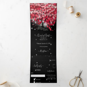 All In One Elegant Red & Pink Heart Leaf Wedding Tri-Fold Invitation