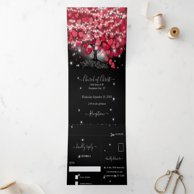 All In One Elegant Red & Pink Heart Leaf Wedding  Tri-Fold Invitation (Inside)