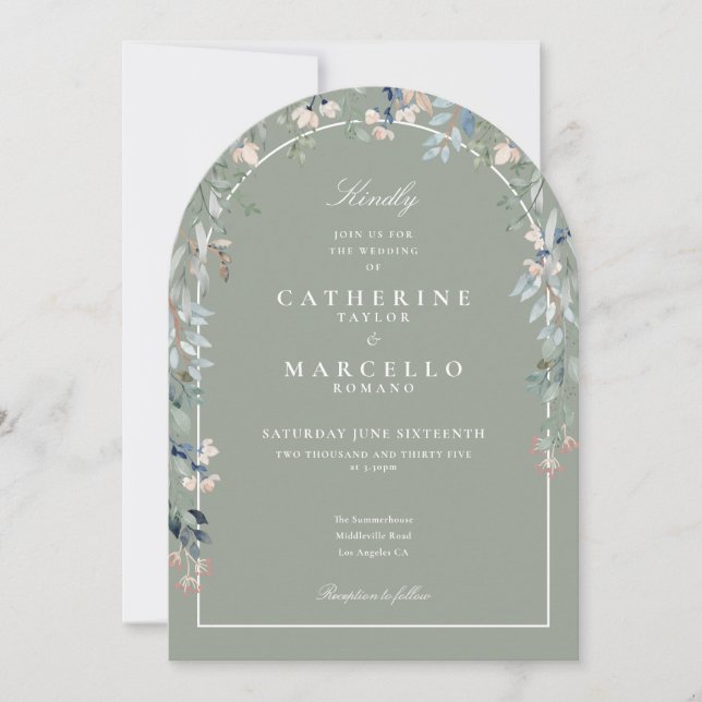 All In One Elegant Sage Green Floral Arch Wedding Invitation (Front)
