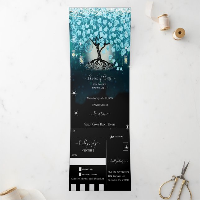 All In One Elegant Teal Aqua Heart Leaf Wedding Tr Tri-Fold Invitation (Inside)