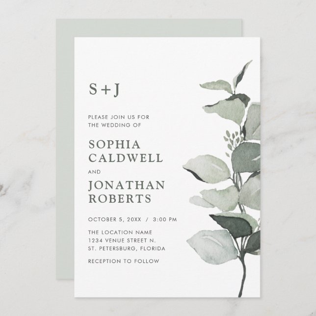 All in One Elegant Watercolor Eucalyptus Wedding Invitation (Front/Back)