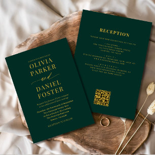 All in One Emerald Green Gold QR Code Wedding Invitation