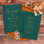 All In One Emerald Green Gold Script Wedding Invitation<br><div class="desc">Featuring signature style names,  this elegant emerald green and gold wedding invitation can be personalized with all your special wedding day information on the reverse,  including your RSVP,  accommodation,  and additional details. Designed by Thisisnotme©</div>