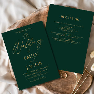All in One Emerald Green Gold Wedding Script Invitation