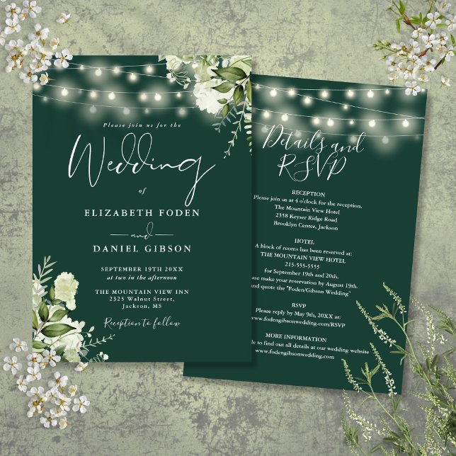 All In One Emerald String Lights Floral Wedding Invitation (All In One Emerald String Lights Floral Wedding Invitation)