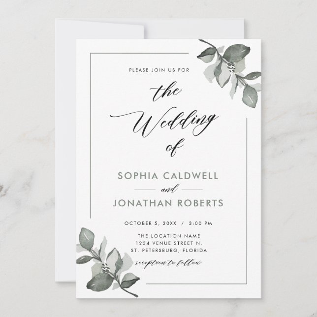 All in One Eucalyptus Calligraphy Wedding Invitation (Front)