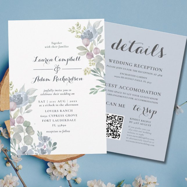 All-in-one Eucalyptus Floral Dusty Blue Wedding Invitation (Creator Uploaded)