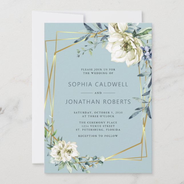 All in One Eucalyptus Floral Dusty Blue Wedding Invitation (Front)
