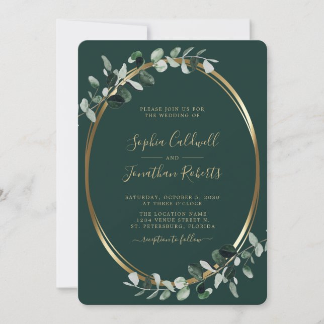 All in One Eucalyptus Gold Emerald Green Wedding I Invitation (Front)