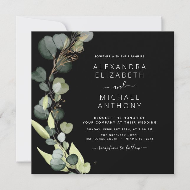 All in One Eucalyptus Greenery Black Wedding Invitation (Front)