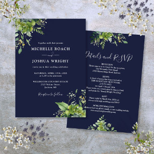 All In One Eucalyptus Greenery Navy Blue Wedding Invitation