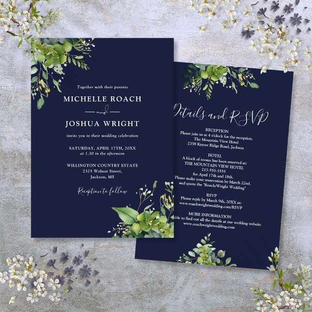 All In One Eucalyptus Greenery Navy Blue Wedding Invitation (All In One Eucalyptus Greenery Navy Blue Wedding Invitation)