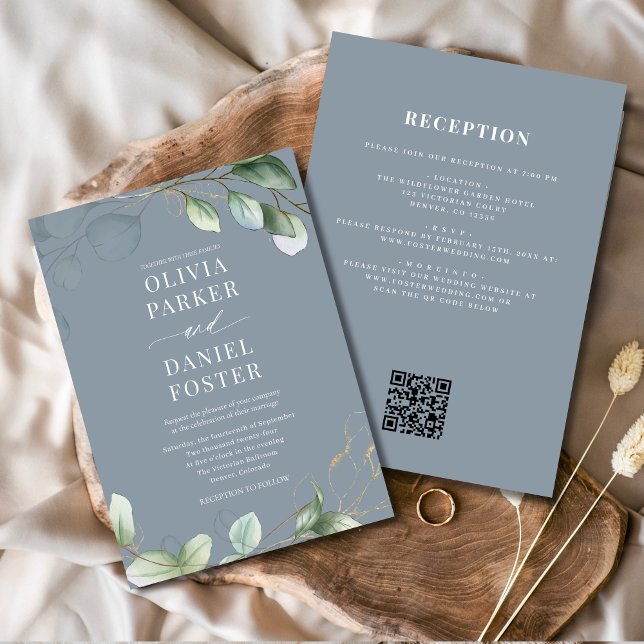 All in One Eucalyptus QR Code Dusty Blue Wedding Invitation (Creator Uploaded)