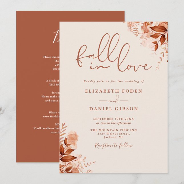 All In One Fall In Love Floral Wedding Invitation (Front/Back)