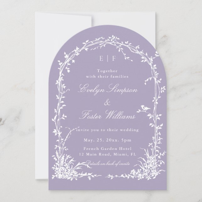 All in One Floral Arch Garden Wedding Lavender Invitation (Front)