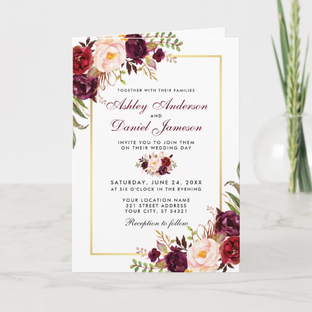 All In One Floral Burgundy Wedding Photo Invite (Front)