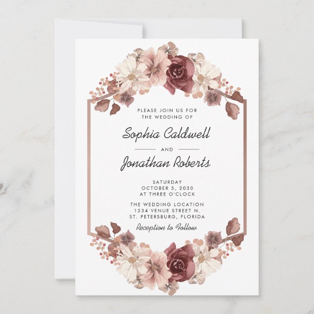 All in One Floral Eucalyptus Rose Gold Wedding Invitation (Front)