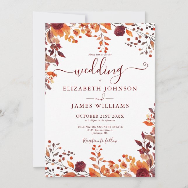 All In One Floral Fall In Love QR Code Wedding Invitation (Front)