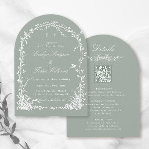 All in One Floral Garden Wedding Sage Green Arch Invitation
