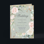 All-in-One Floral Sage Green Elegant Wedding Invitation<br><div class="desc">This is a very unique folded wedding invitation with invite on front which is traditional. Also included on inside are the wedding details. The design is a faux gold trimmed sage green background with peach blush and ivory flowers. “and they lived happily ever after…” script on inside. So chic and...</div>