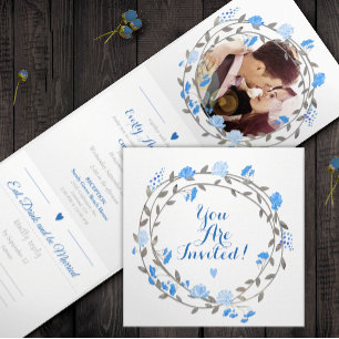 All in One French Blue Grey Floral Wreath Wedding Tri-Fold Invitation