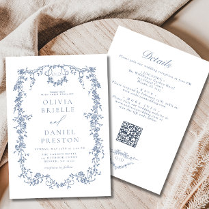 All In One French Dusty Blue QR Code Wedding Invitation
