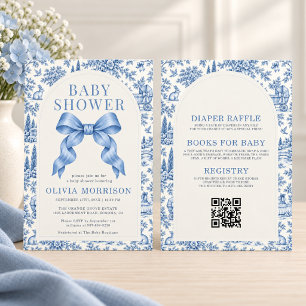 All in One French Toile Blue Bow Boy Baby Shower Invitation