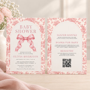 All in One French Toile Pink Bow Girl Baby Shower Invitation
