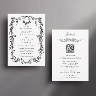 All in One French Victorian Black & White Wedding  Invitation