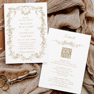 All in One French Victorian Gold Floral Wedding  Invitation