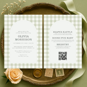 All in One Gingham Sage Green Baby Shower Invitation