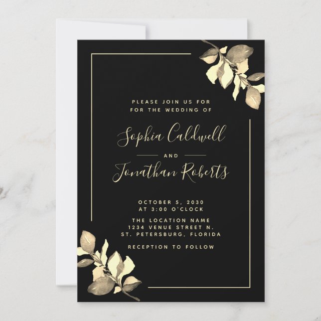 All in One Gold Eucalyptus Elegant Black Wedding Invitation (Front)