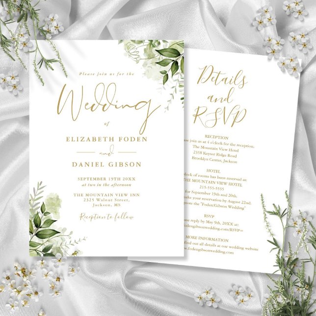 All In One Gold Greenery Floral Wedding Invitation (All In One Gold Greenery Floral Wedding Invitation)