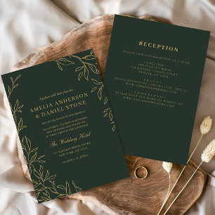 All in One Green Gold Minimal Leaf Wedding Invitation