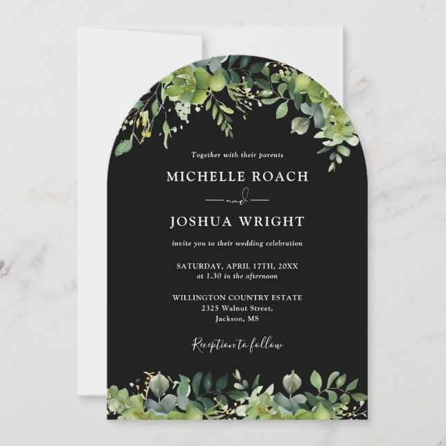 All In One Greenery Arch Black And White Wedding Invitation (Front)