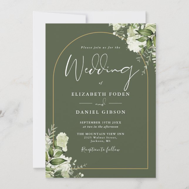 All In One Greenery Gold Arch Olive Green Wedding Invitation (Front)