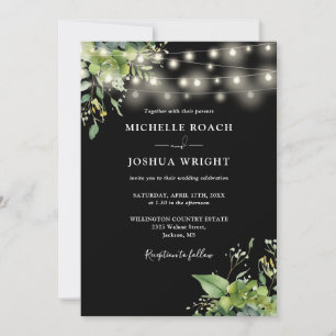 All In One Greenery Lights Black And White Wedding Invitation