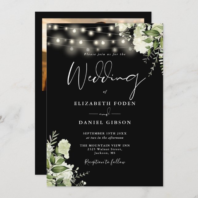 All In One Greenery String Lights Photo Wedding Invitation (Front/Back)