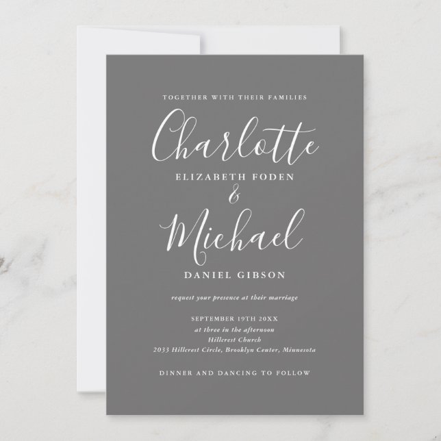 All In One Grey And White Elegant Script Wedding Invitation (Front)