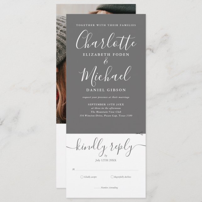All In One Grey And White Script Photo Wedding Invitation (Front/Back)