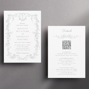 All in One Grey French Floral Wedding Invitation