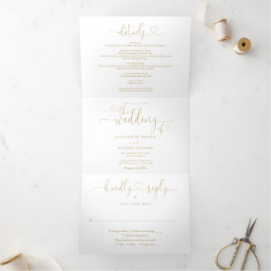 All In One Heart Script Gold Wedding Tri-Fold Invitation