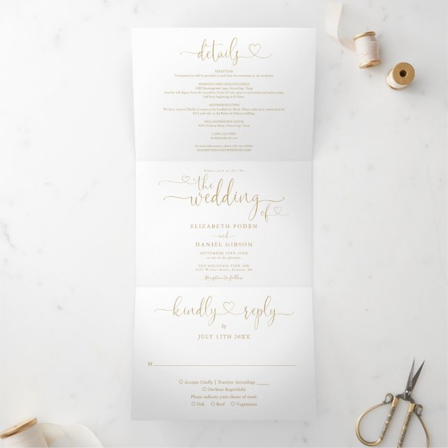 All In One Heart Script Gold Wedding Tri-Fold Invitation (Inside)