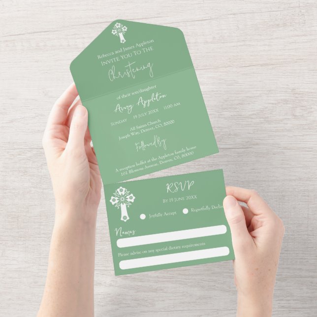 All In One Invitation Floral Cross Sage Green (Tearaway)