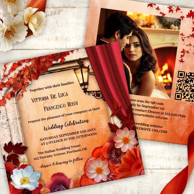 All-in-one Italian Classic Fall Wedding Invitation (Romantic all-in-one fall wedding invitation showing flowers in classic Italian with a lantern)